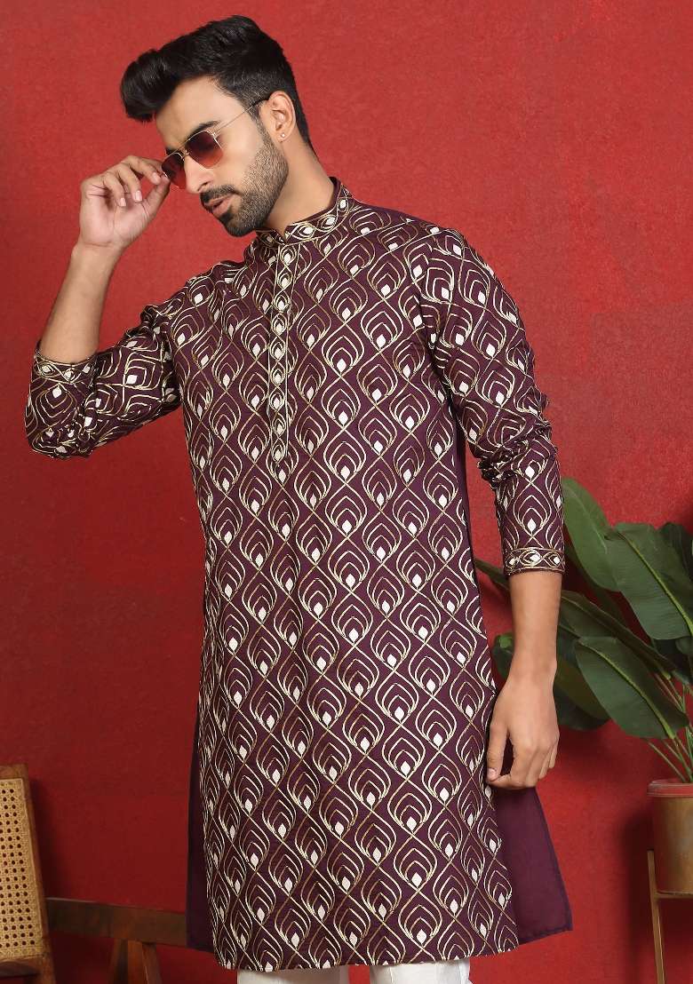 Wine Embroidered Cotton Kurta Set For Men - Indya