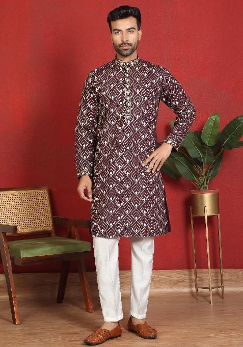 Wine Embroidered Cotton Kurta Set For Men