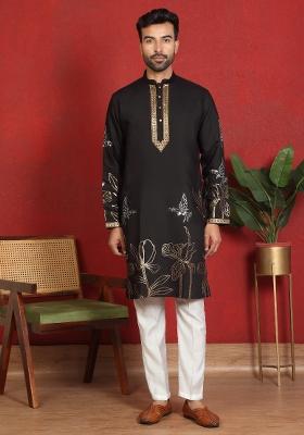 Black Yoke Design Cotton Kurta Set For Men