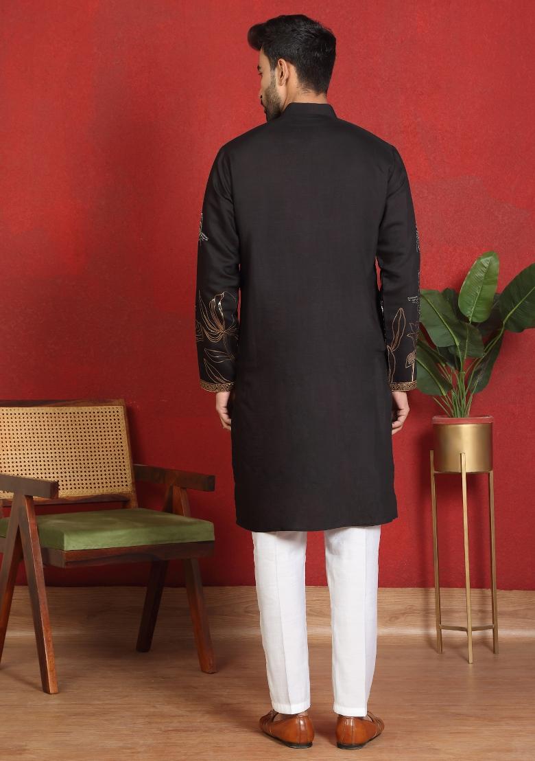 Black Yoke Design Cotton Kurta Set For Men - Indya