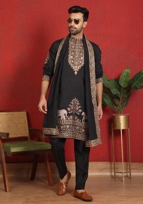 Black Yoke Design Cotton Kurta Set For Men
