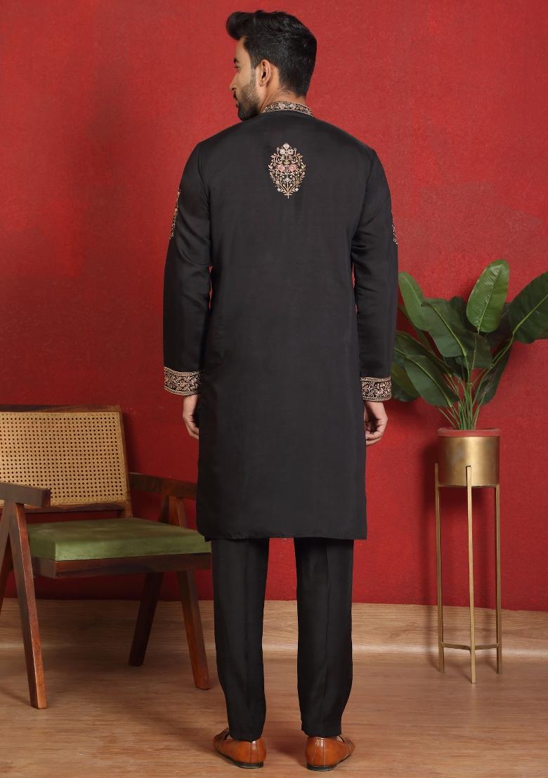 Black Yoke Design Cotton Kurta Set For Men - Indya