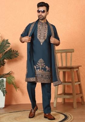 Blue Yoke Design Cotton Kurta Set For Men