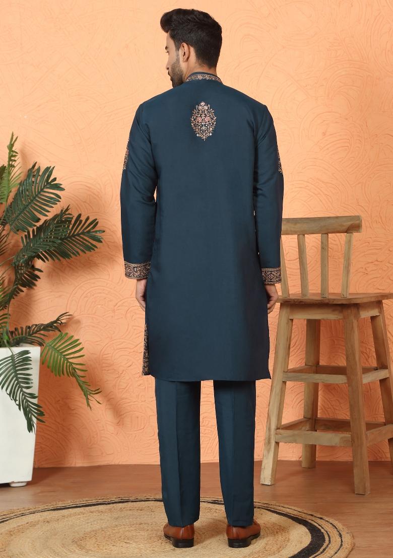 Blue Yoke Design Cotton Kurta Set For Men - Indya