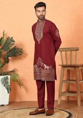 Maroon Yoke Design Cotton Kurta Set For Men