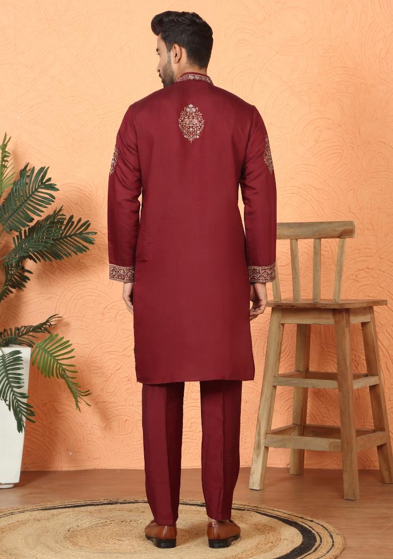 Maroon Yoke Design Cotton Kurta Set For Men - Indya