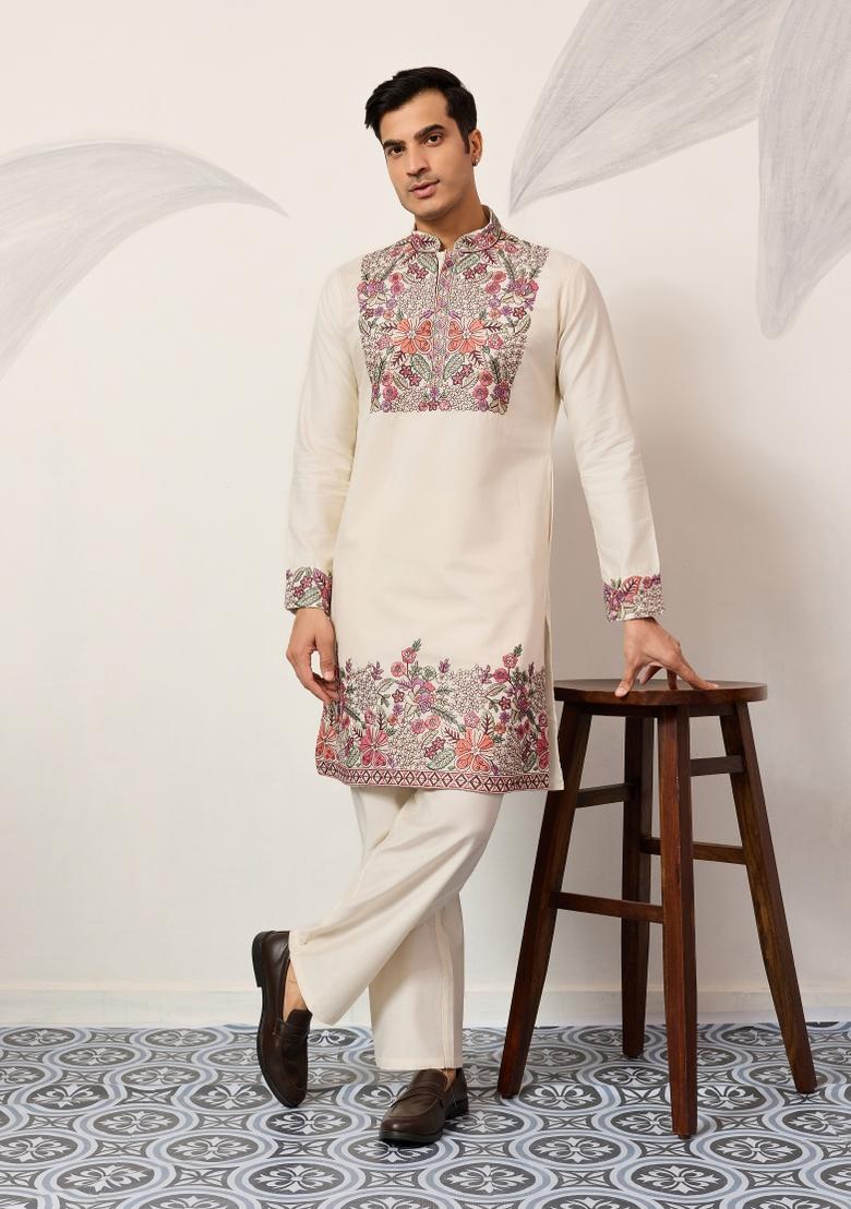 White Embroidered Silk Blend Kurta Pyjama For Men - Indya