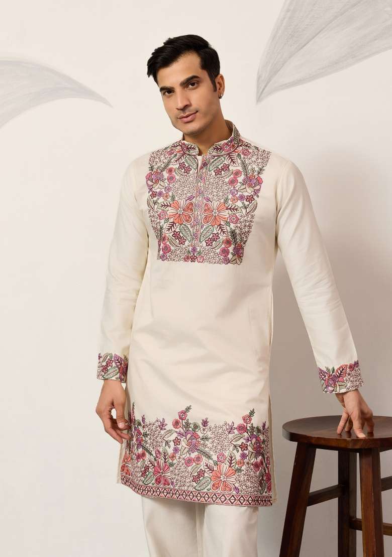 White Embroidered Silk Blend Kurta Pyjama For Men - Indya