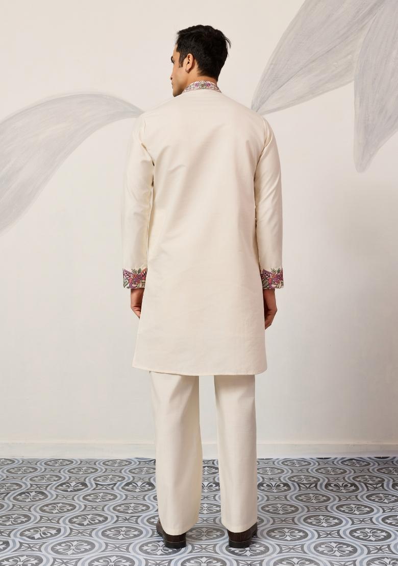 White Embroidered Silk Blend Kurta Pyjama For Men - Indya