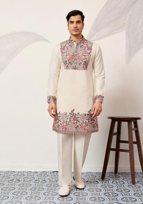White Embroidered Silk Kurta Pyjama For Men