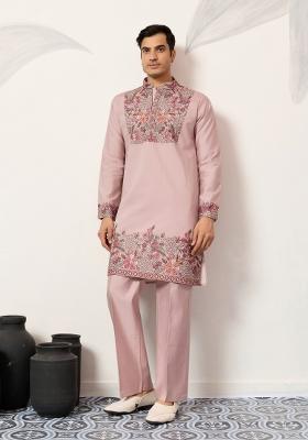 Dusty Pink Embroidered Silk Blend Kurta Pyjama For Men