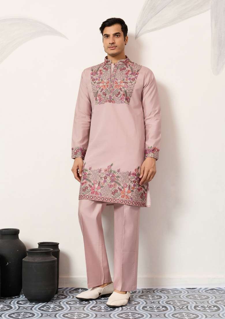 Dusty Pink Embroidered Silk Blend Kurta Pyjama For Men - Indya