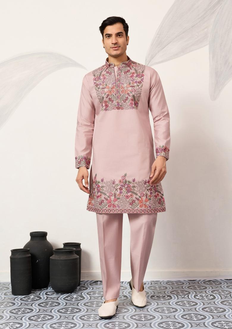 Dusty Pink Embroidered Silk Blend Kurta Pyjama For Men - Indya