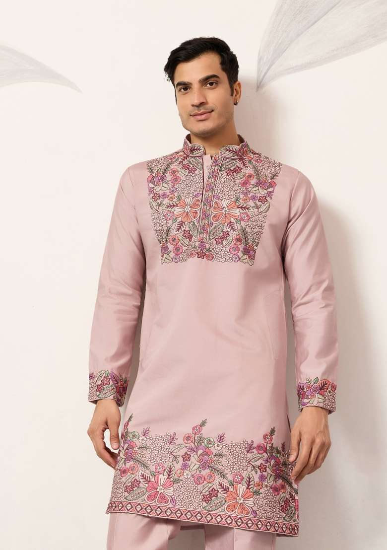 Dusty Pink Embroidered Silk Blend Kurta Pyjama For Men - Indya