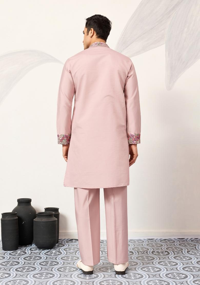 Dusty Pink Embroidered Silk Blend Kurta Pyjama For Men - Indya