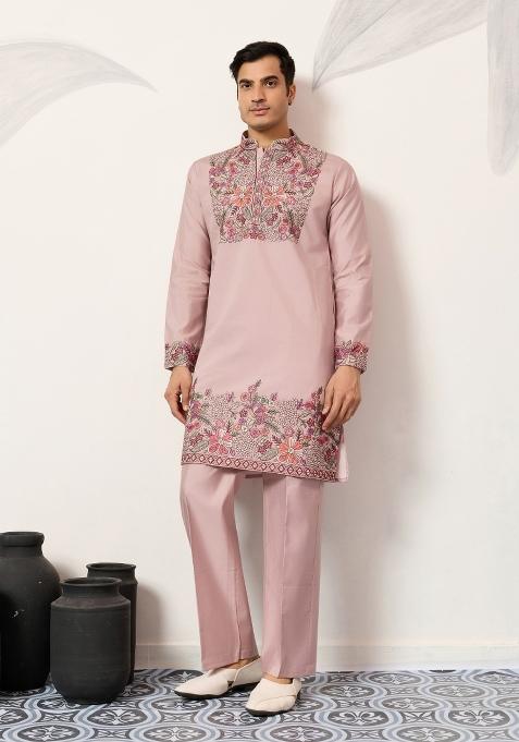 Dusty Pink Embroidered Silk Kurta Pyjama For Men