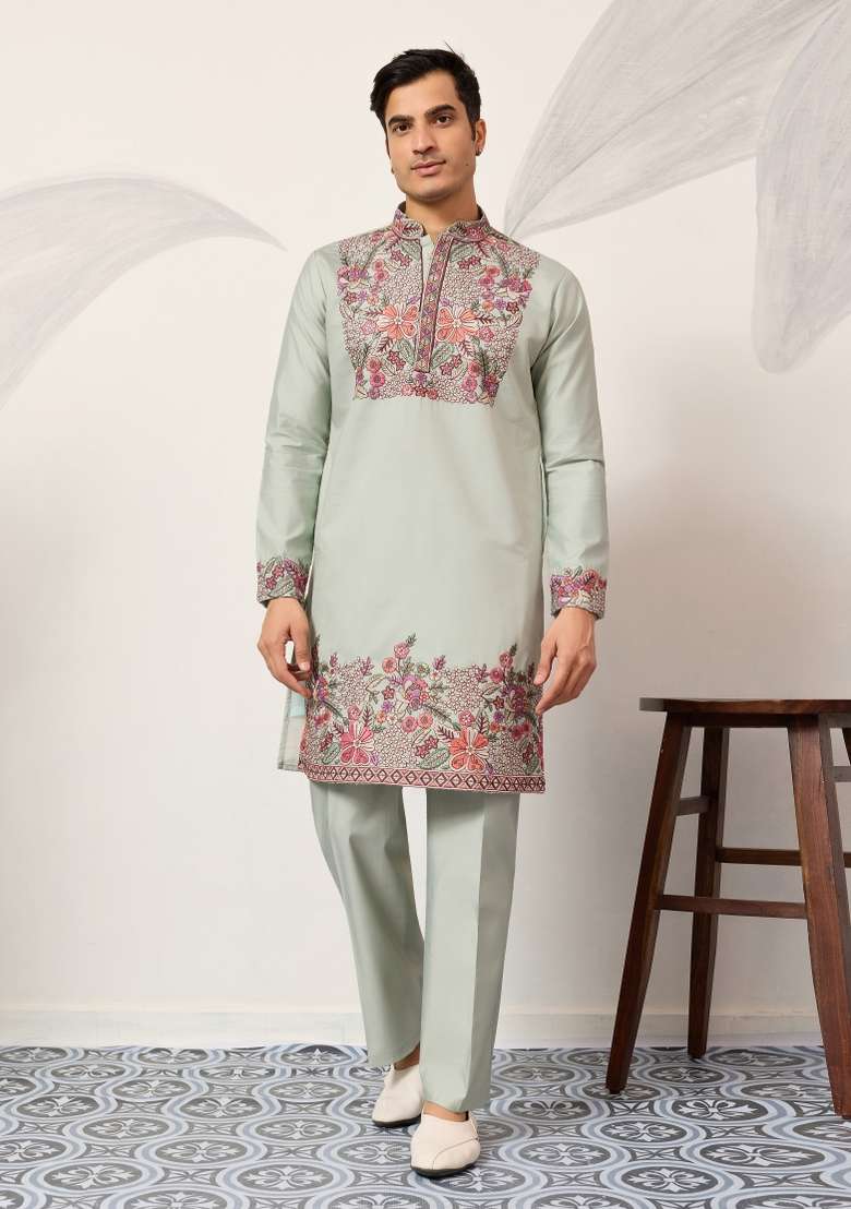 Pista Green Embroidered Silk Blend Kurta Pyjama For Men - Indya