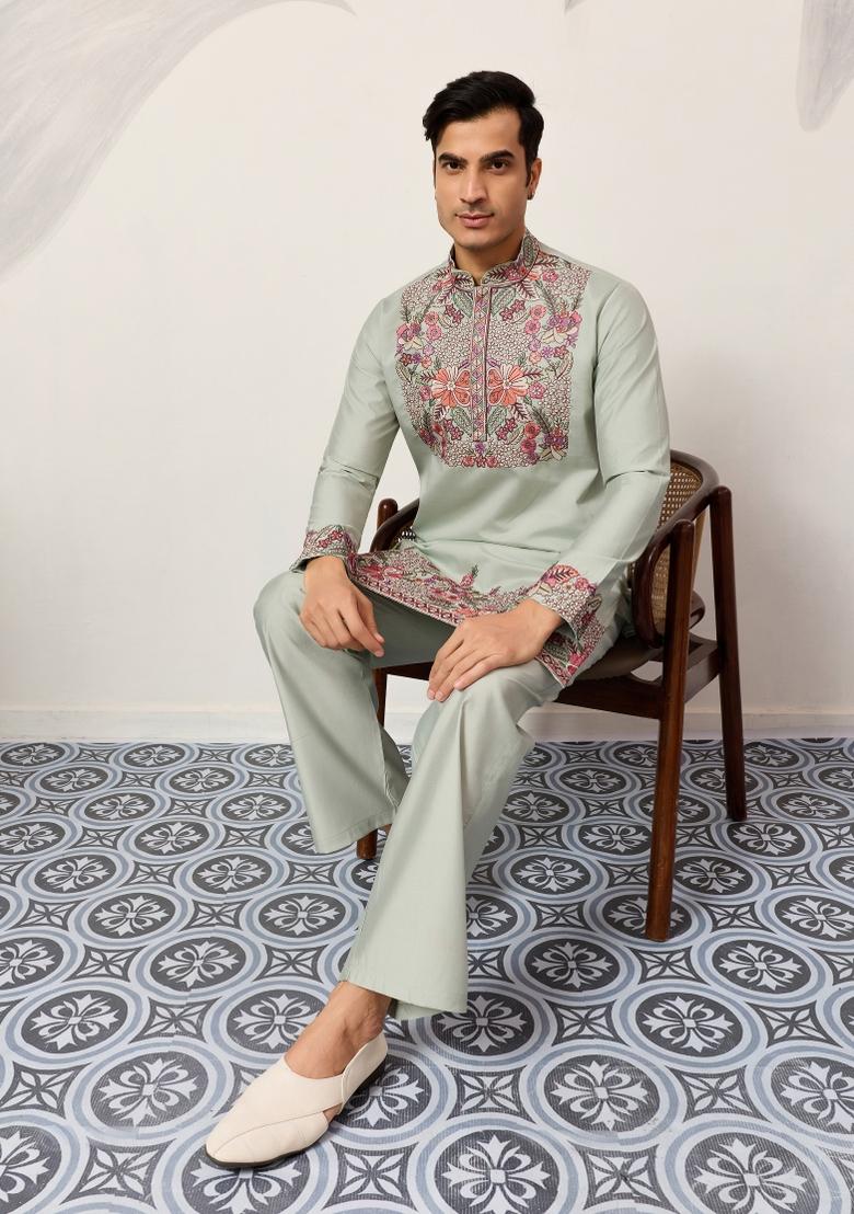 Pista Green Embroidered Silk Blend Kurta Pyjama For Men - Indya