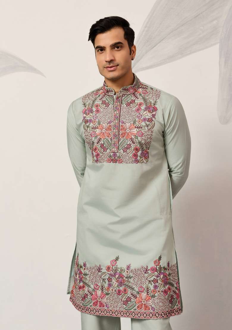 Pista Green Embroidered Silk Blend Kurta Pyjama For Men - Indya