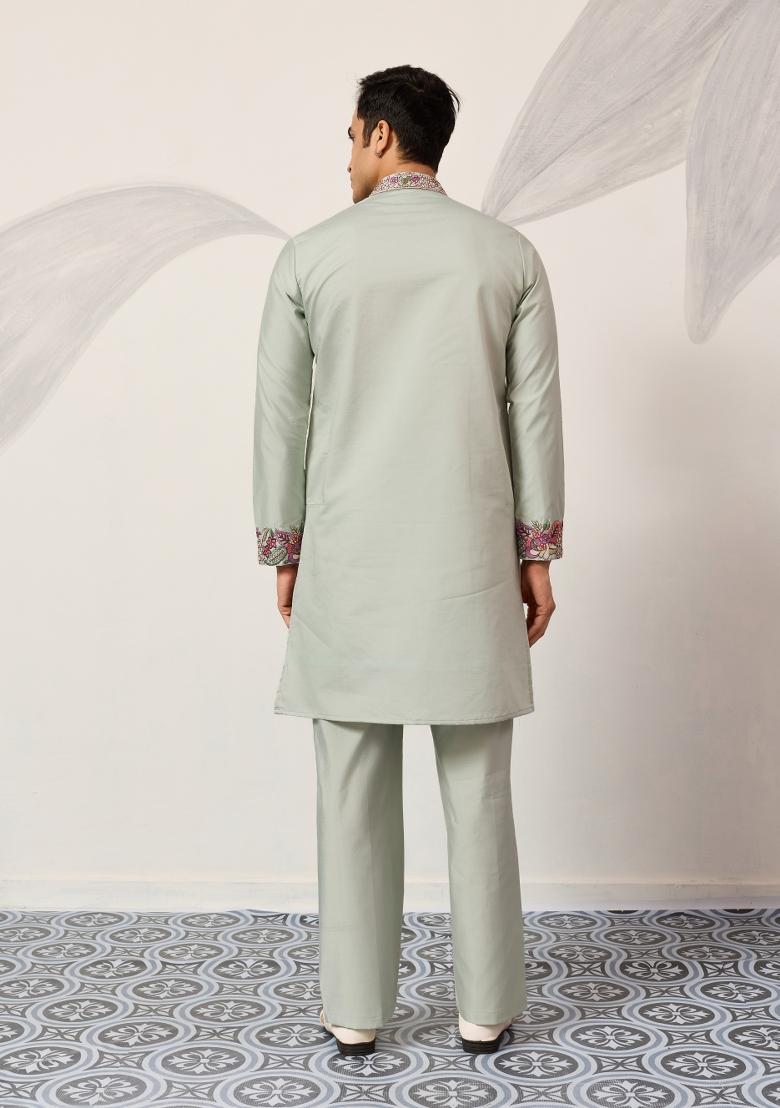 Pista Green Embroidered Silk Blend Kurta Pyjama For Men - Indya