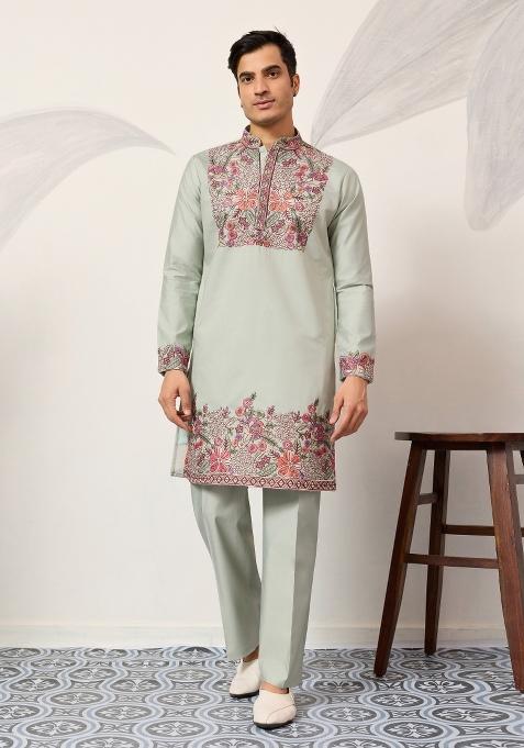 Pista Green Embroidered Silk Kurta Pyjama For Men