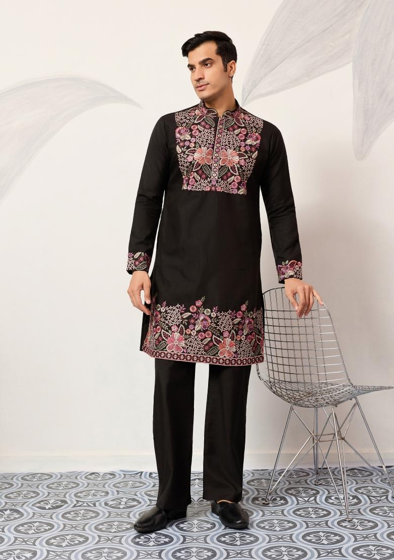Black Embroidered Silk Blend Kurta Pyjama For Men - Indya