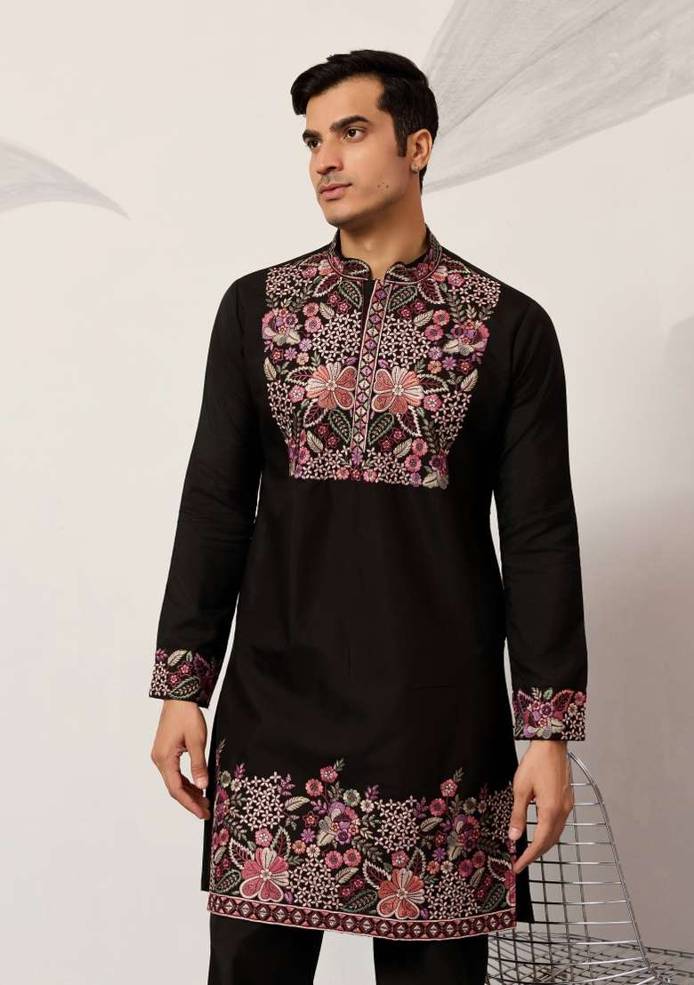 Black Embroidered Silk Blend Kurta Pyjama For Men - Indya