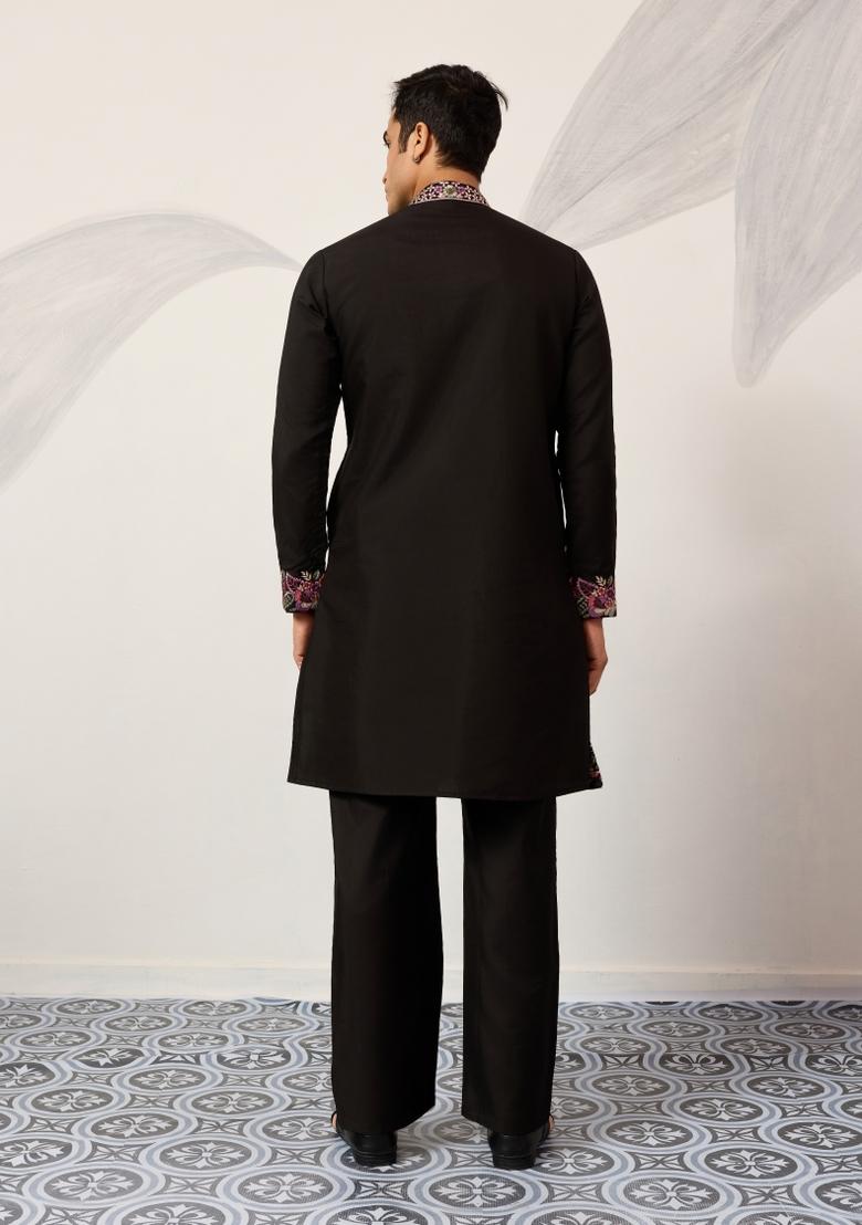 Black Embroidered Silk Blend Kurta Pyjama For Men - Indya