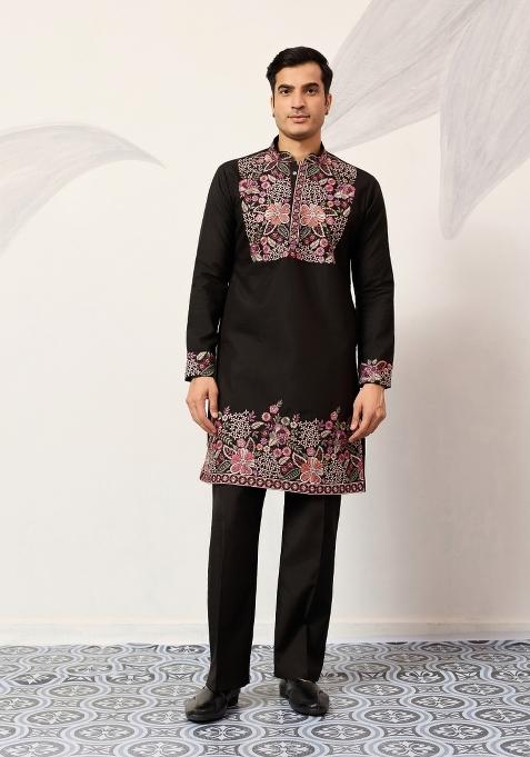 Black Embroidered Silk Kurta Pyjama For Men