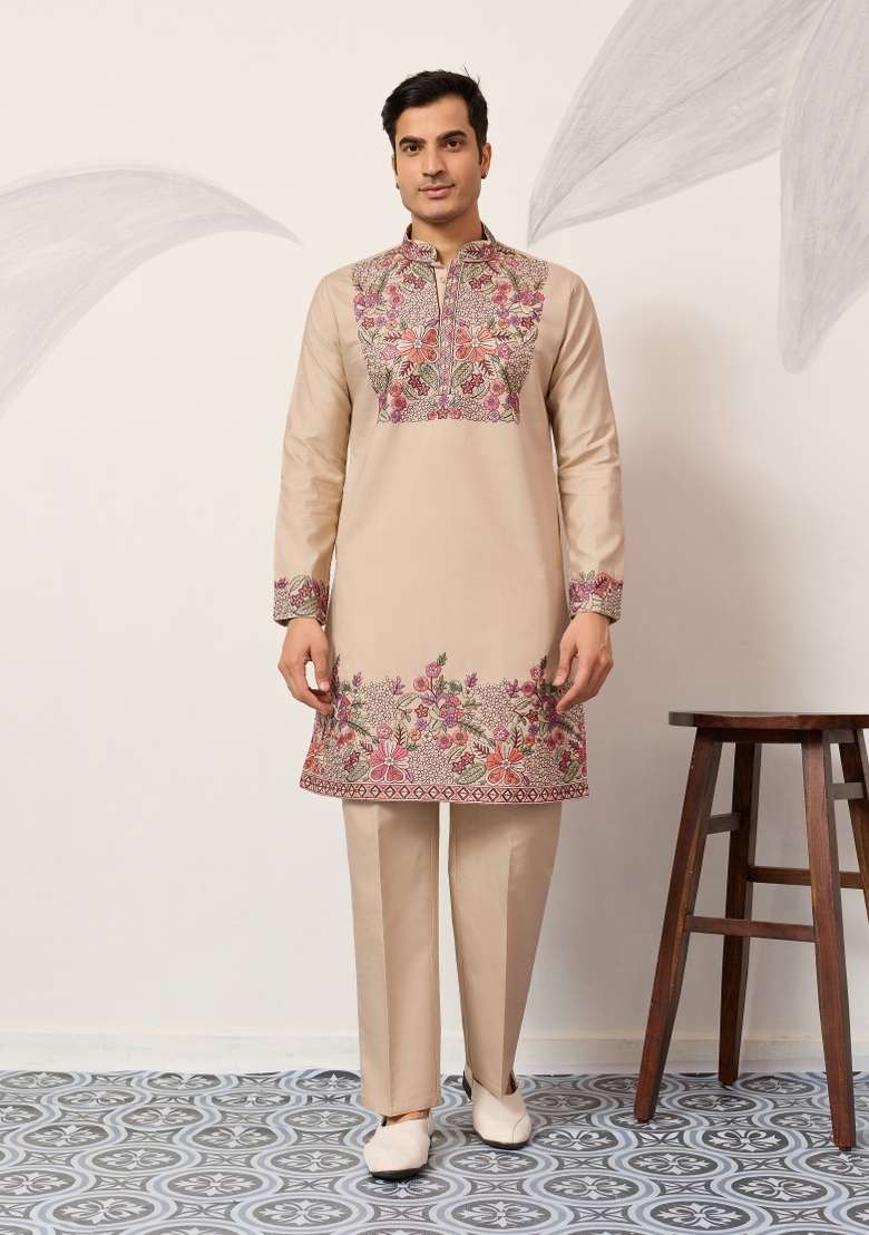 Beige Embroidered Silk Blend Kurta Pyjama For Men - Indya