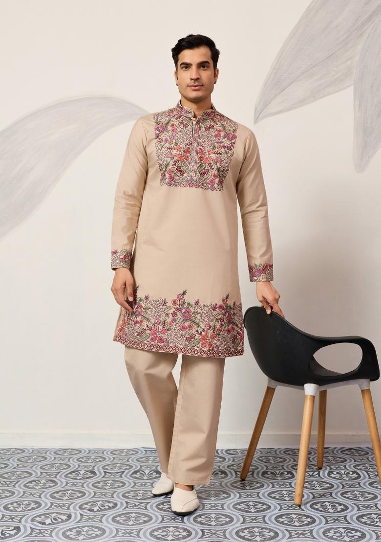 Beige Embroidered Silk Blend Kurta Pyjama For Men - Indya