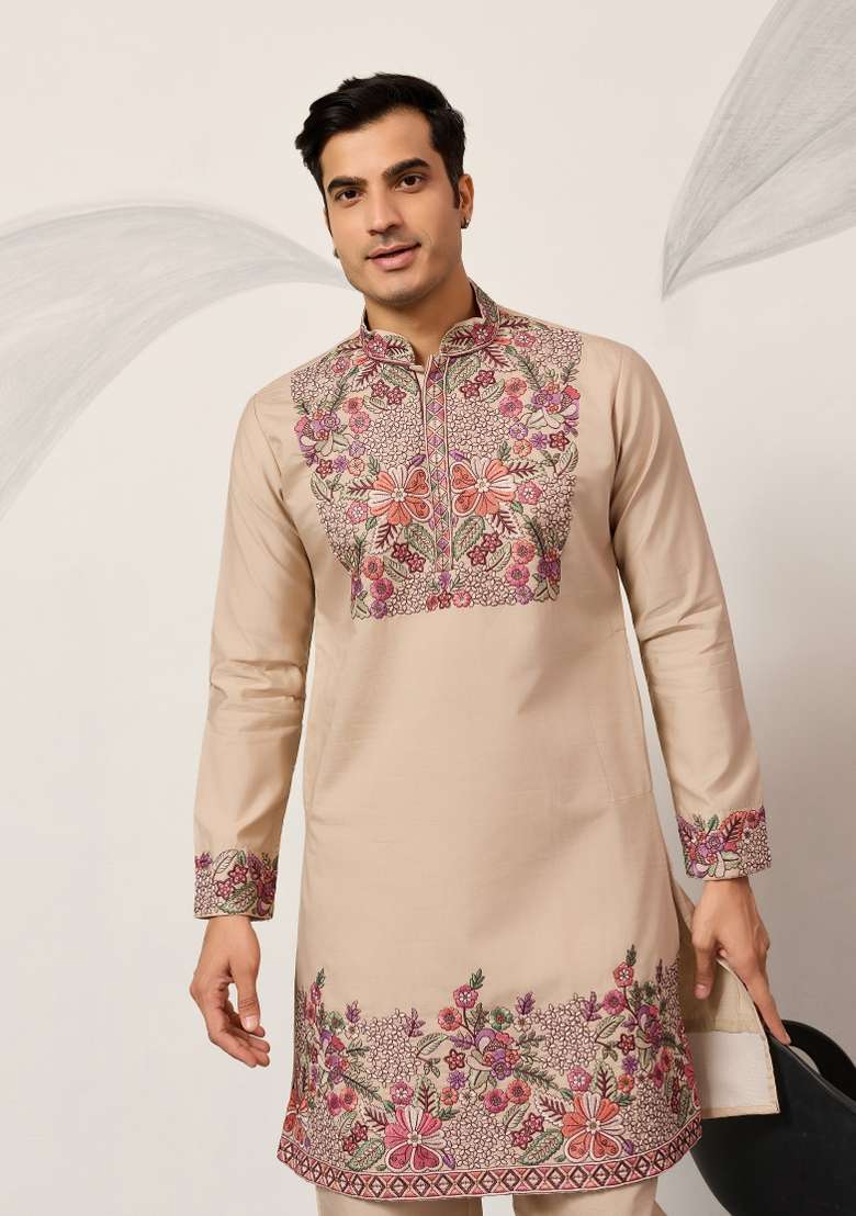 Beige Embroidered Silk Blend Kurta Pyjama For Men - Indya