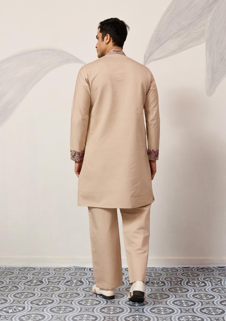 Beige Embroidered Silk Blend Kurta Pyjama For Men - Indya
