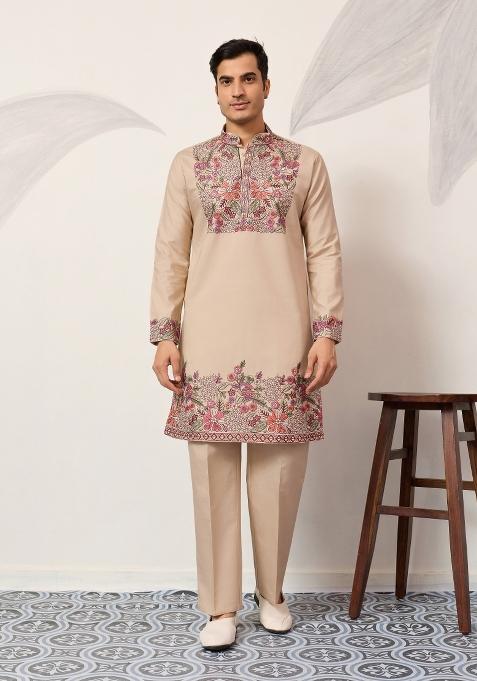 Beige Embroidered Silk Kurta Pyjama For Men