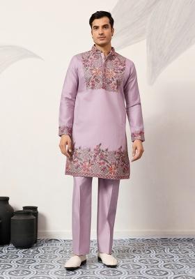 Lavender Embroidered Silk Blend Kurta Pyjama For Men