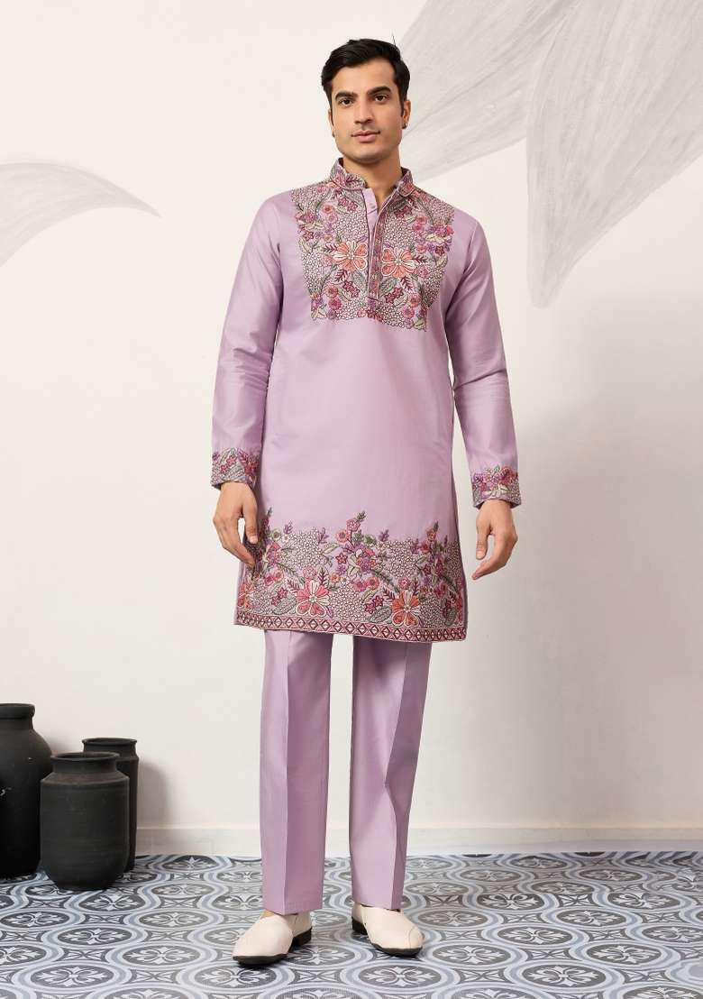 Lavender Embroidered Silk Blend Kurta Pyjama For Men - Indya