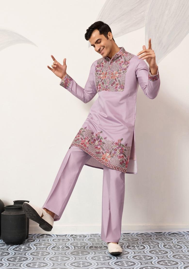 Lavender Embroidered Silk Blend Kurta Pyjama For Men - Indya