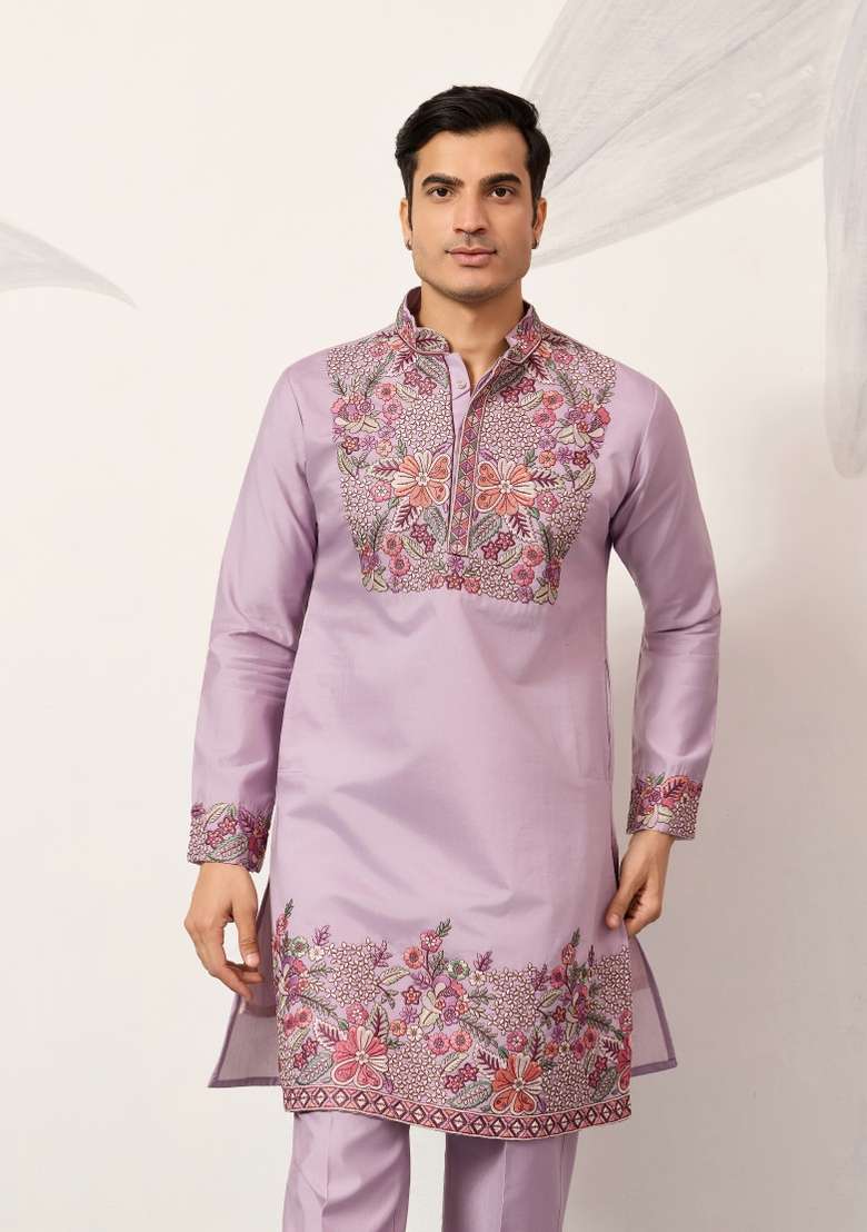 Lavender Embroidered Silk Blend Kurta Pyjama For Men - Indya
