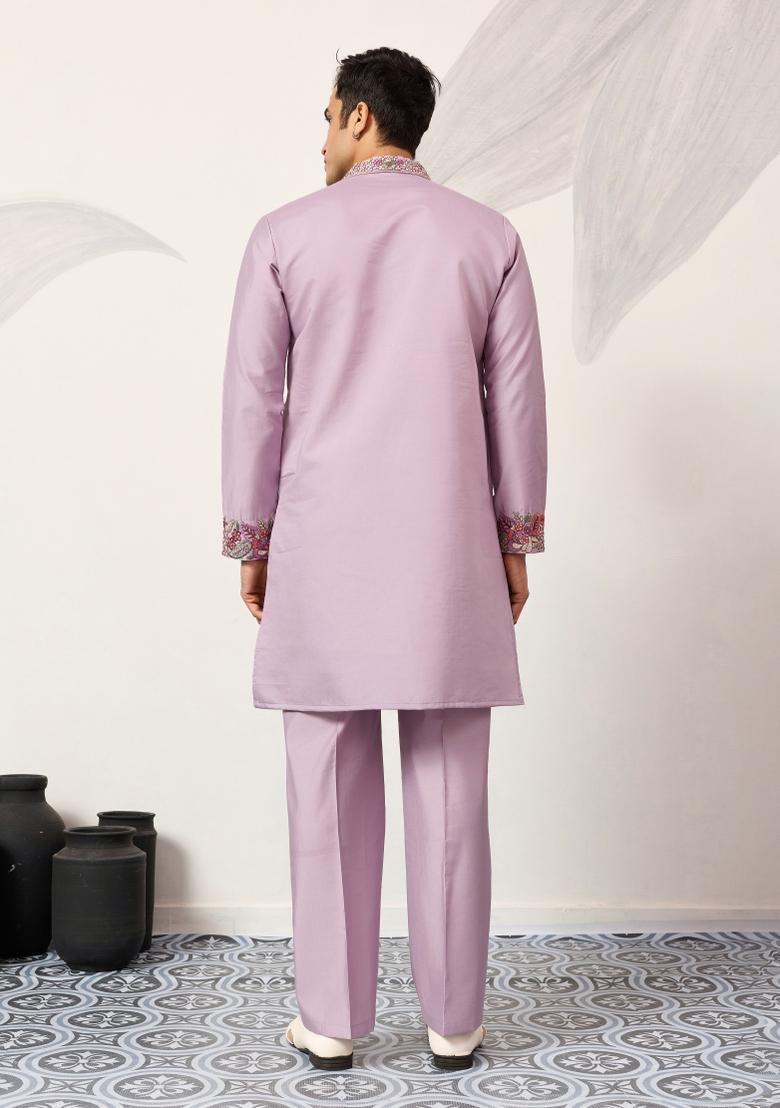Lavender Embroidered Silk Blend Kurta Pyjama For Men - Indya
