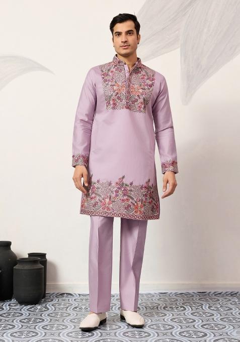 Lavender Embroidered Silk Kurta Pyjama For Men