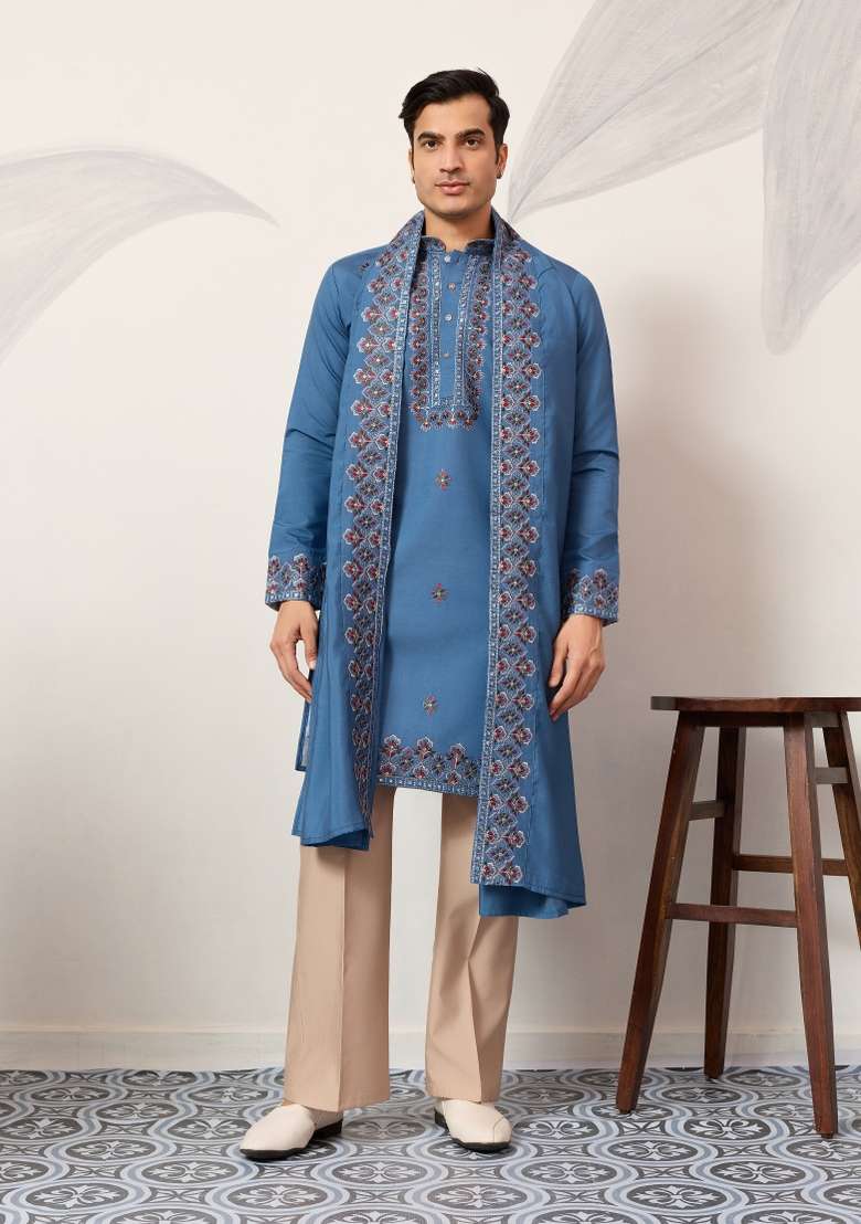 Blue Embroidered Silk Blend Kurta With Dupatta For Men - Indya
