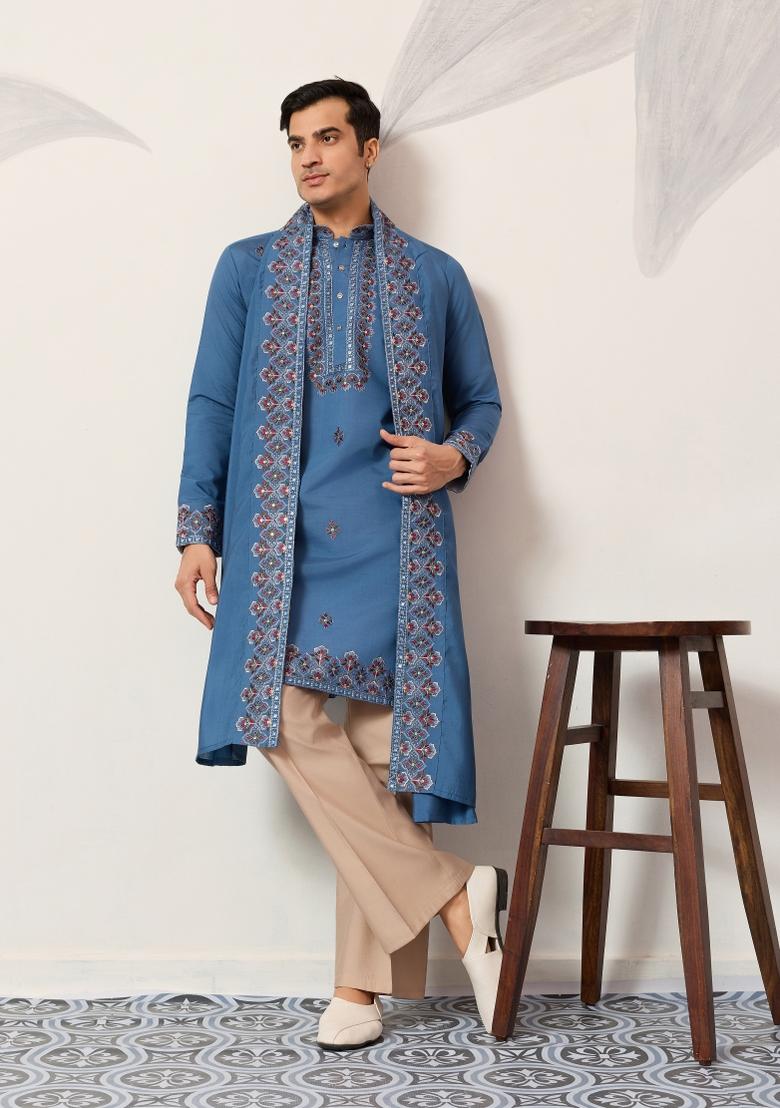 Blue Embroidered Silk Blend Kurta With Dupatta For Men - Indya