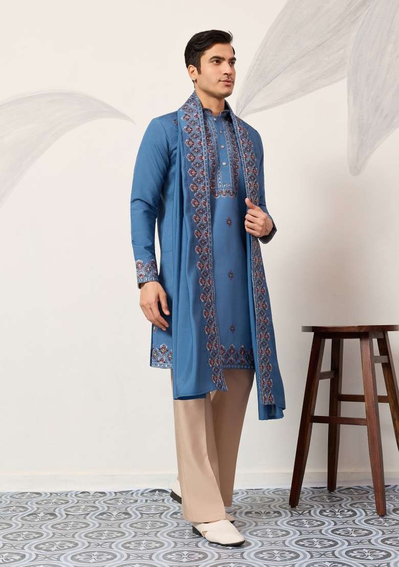Blue Embroidered Silk Blend Kurta With Dupatta For Men - Indya