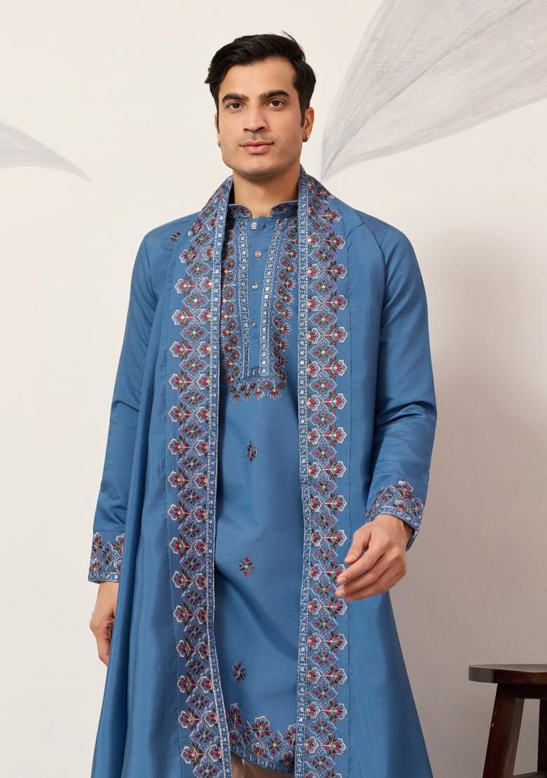 Blue Embroidered Silk Blend Kurta With Dupatta For Men - Indya