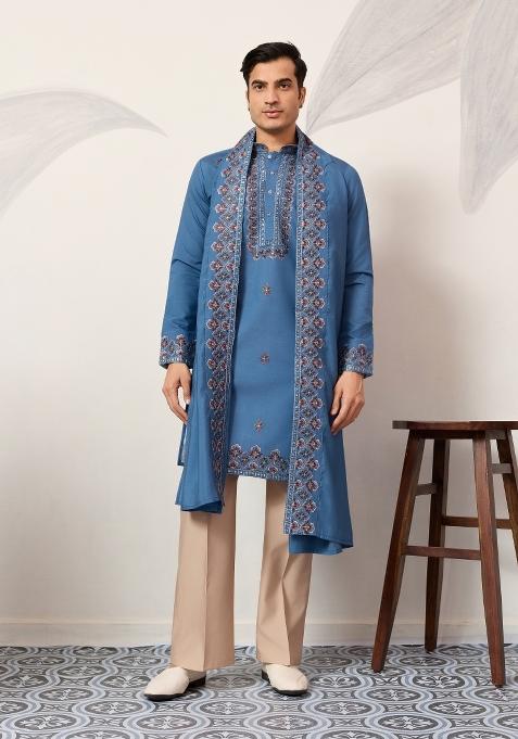 Blue Embroidered Silk Kurta With Dupatta For Men
