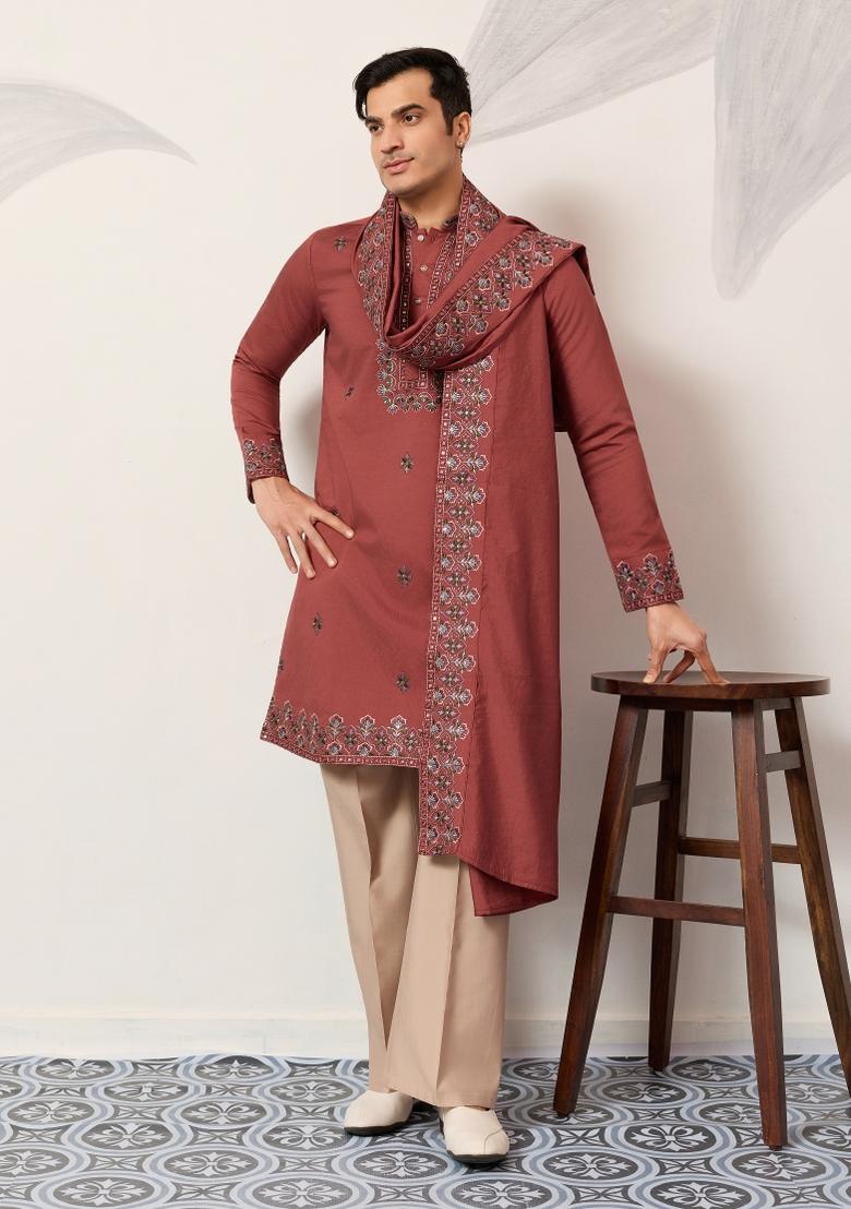 Orange Embroidered Silk Blend Kurta With Dupatta For Men - Indya