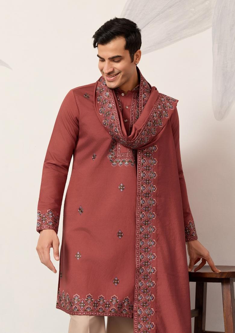 Orange Embroidered Silk Blend Kurta With Dupatta For Men - Indya