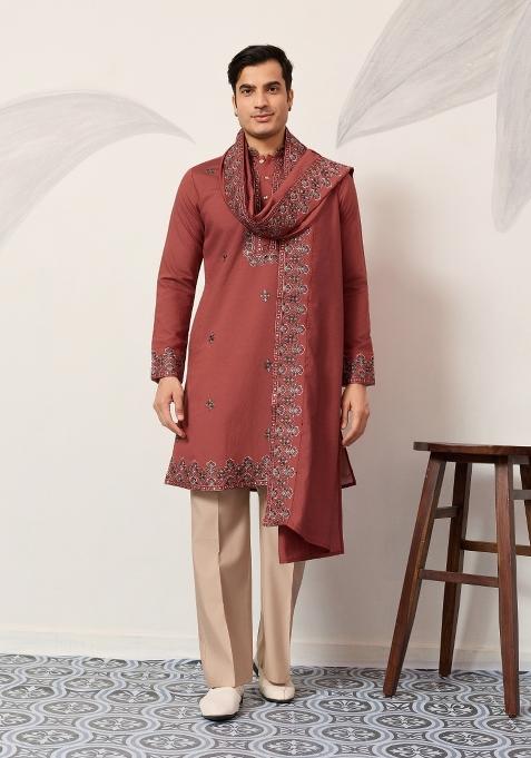 Orange Embroidered Silk Kurta With Dupatta For Men