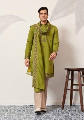 Fluorescent Green Embroidered Silk Blend Kurta With Dupatta For Men