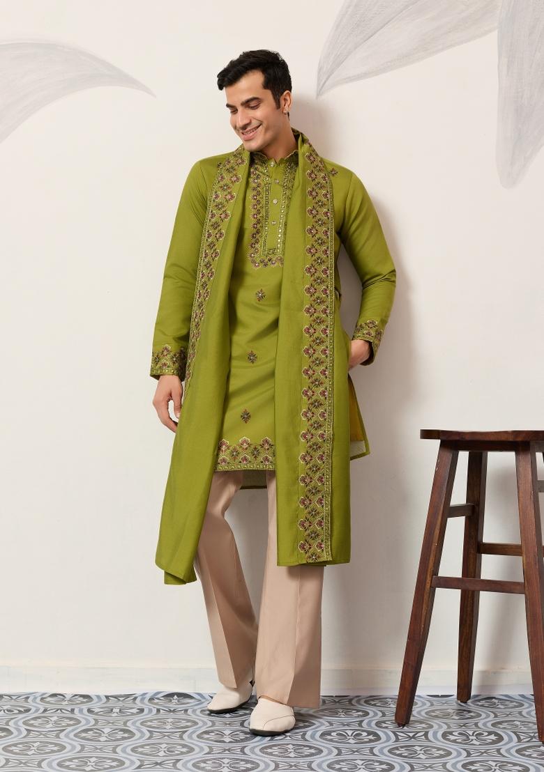 Fluorescent Green Embroidered Silk Blend Kurta With Dupatta For Men - Indya